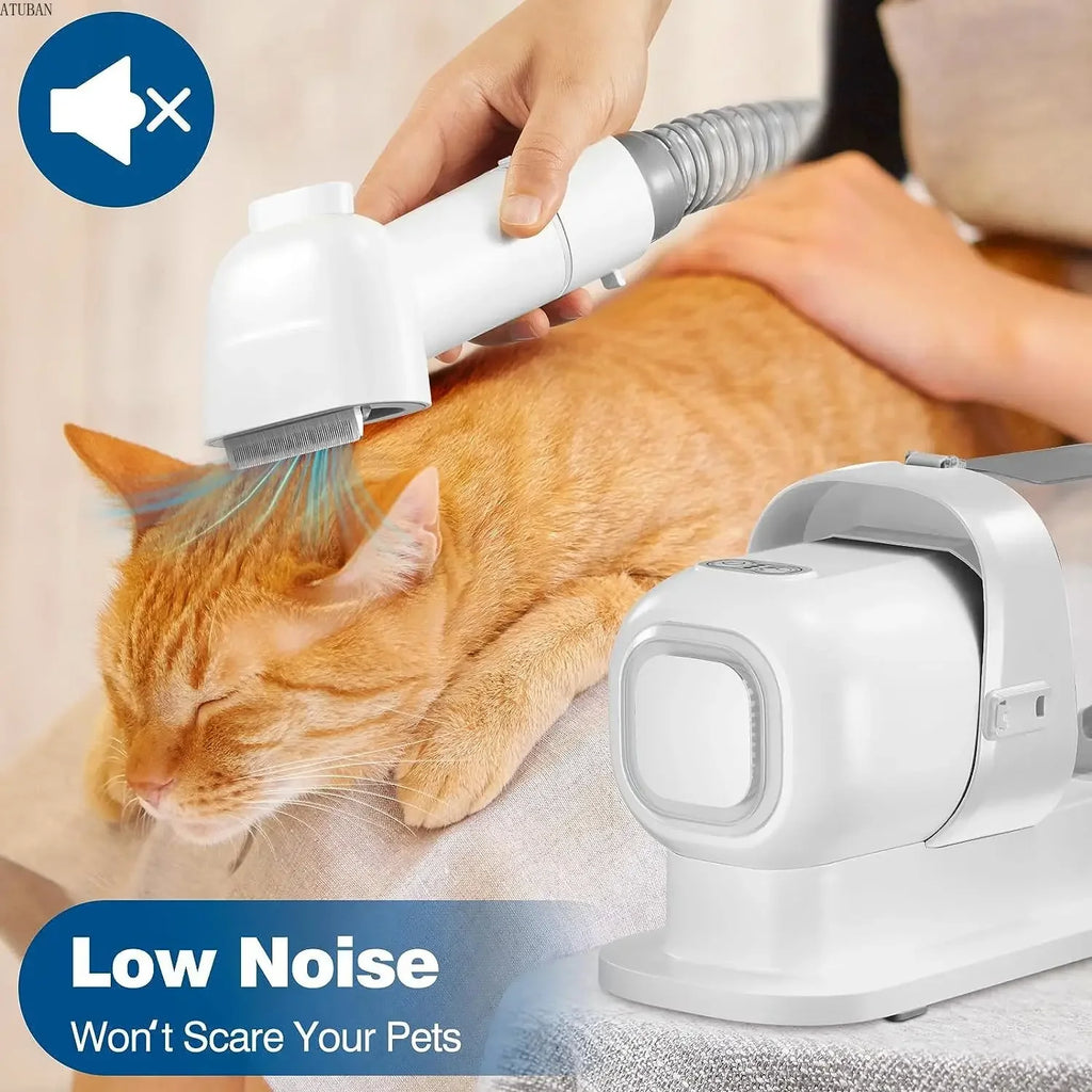 Pet grooming tool being used on a cat with a focus on low noise feature.