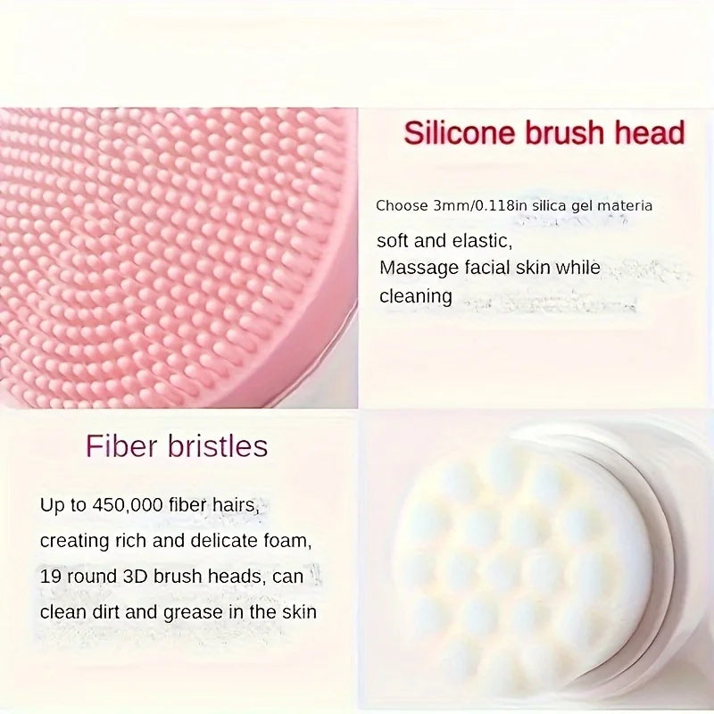 Silicone brush head and fiber bristle brush head with text on a white background