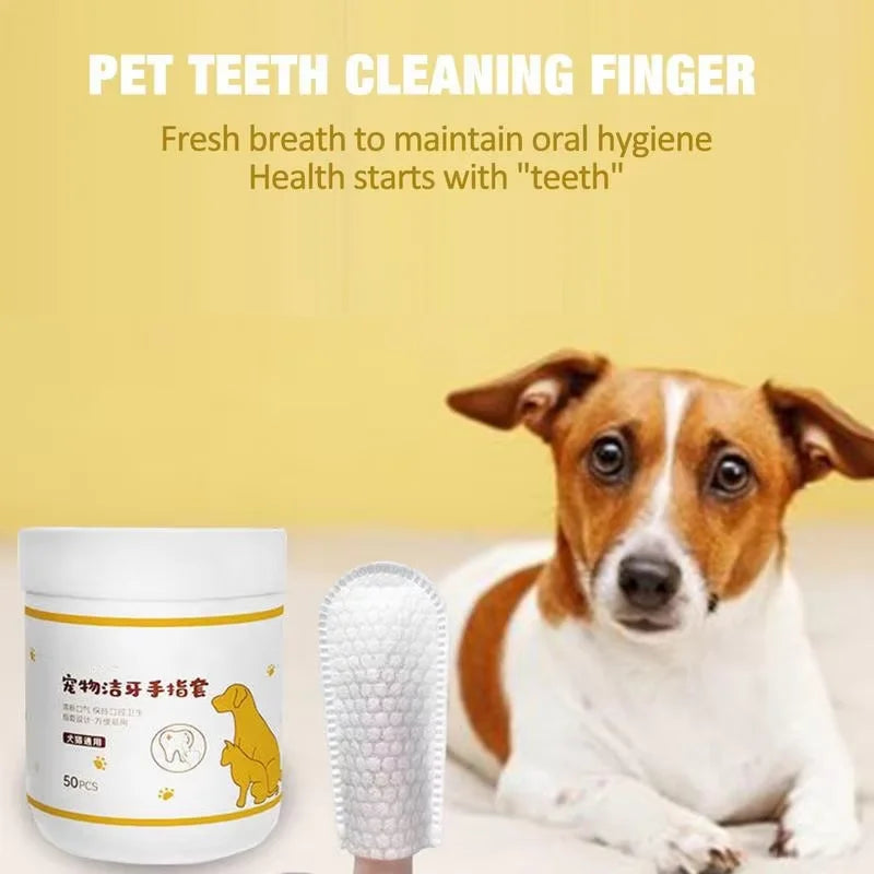 Pet teeth cleaning product with a dog and text on a yellow background