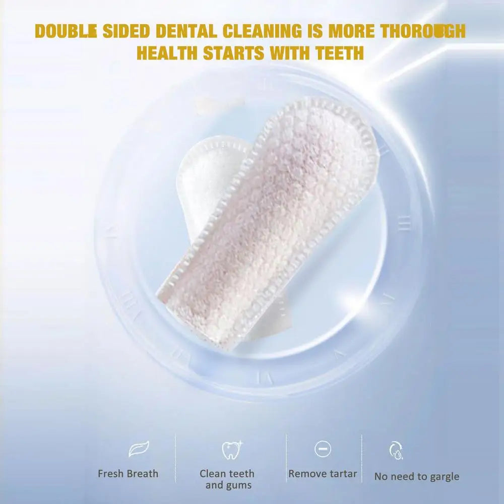 Dental cleaning product with text highlighting benefits on a light blue background