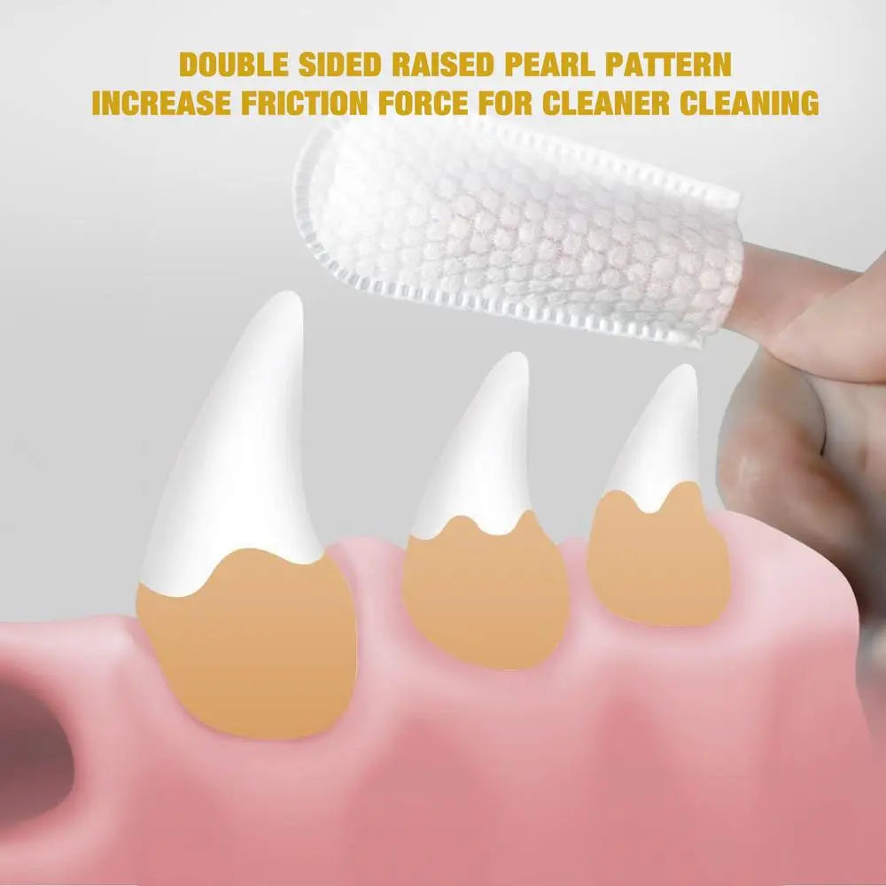 Teeth with a double-sided raised pearl pattern brush cleaning them, with text about increased friction force.