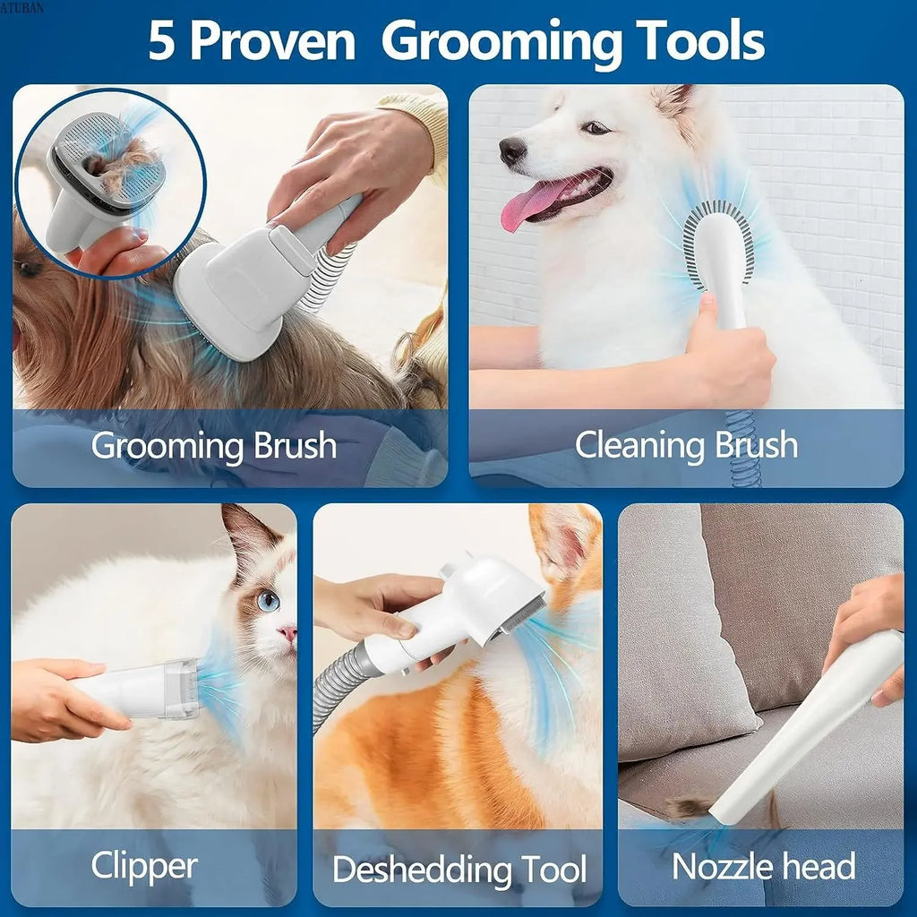 Grooming tools for pets including a grooming brush, cleaning brush, clipper, deshedding tool, and nozzle head.